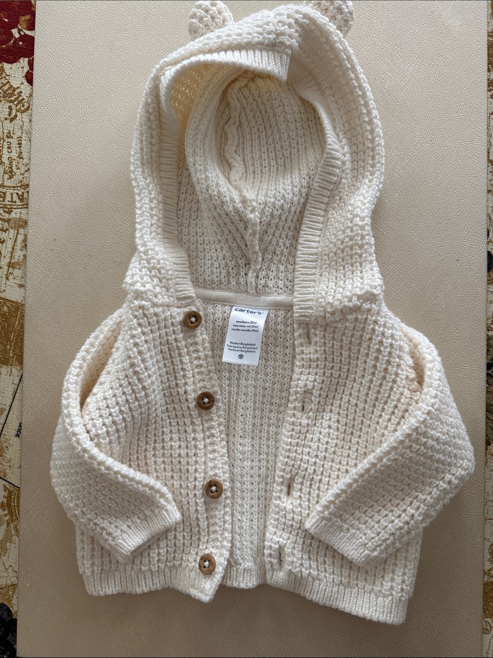 Carter's Cream Hooded Knit Baby Sweater with Bear Ears
